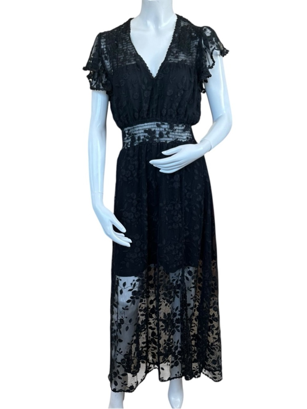 The Kooples Black Short Sleeve Floral Tulle Maxi Dress EU 38 US M - Picture 2 of 11